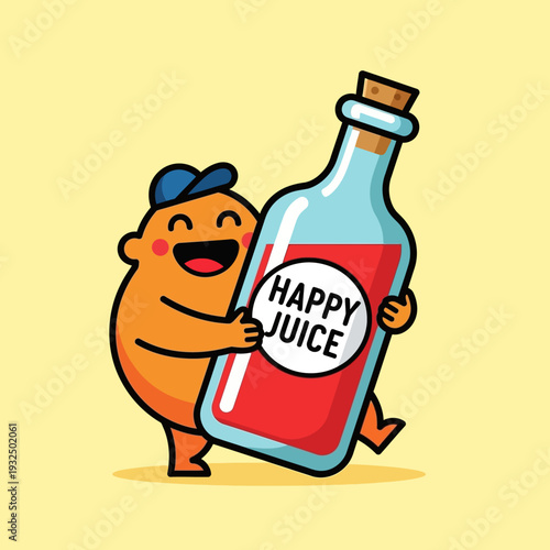 Happy Orange Character Hugging Large Bottle of Red Juice Labeled "Happy Juice"