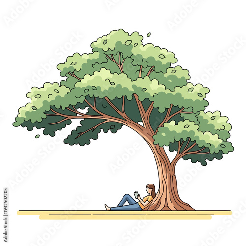 Woman relaxing under a large tree, reading on phone, summer day, peaceful nature scene
