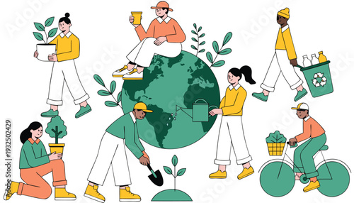World Environment Day illustration of environmental protection featuring a green Earth surrounded by fresh leaves and plants, eco-friendly lifestyle elements