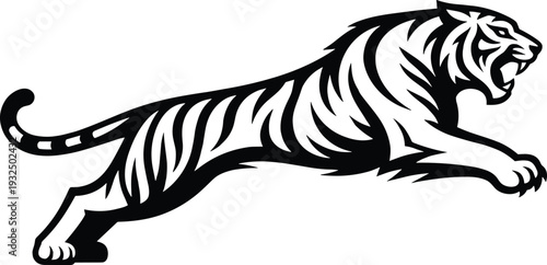 Wallpaper Mural Leaping Tiger Silhouette Illustration in Black and White, Fierce Wild Big Cat Vector Artwork for Mascot Logo, Tribal Design and Wildlife Branding Torontodigital.ca