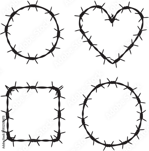 Black barbed wire frames in circle heart and square shapes border