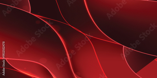 Dark red abstract background with glowing wave. Shiny moving lines design element. Modern red gradient flowing wave lines. Futuristic technology concept. Vector
