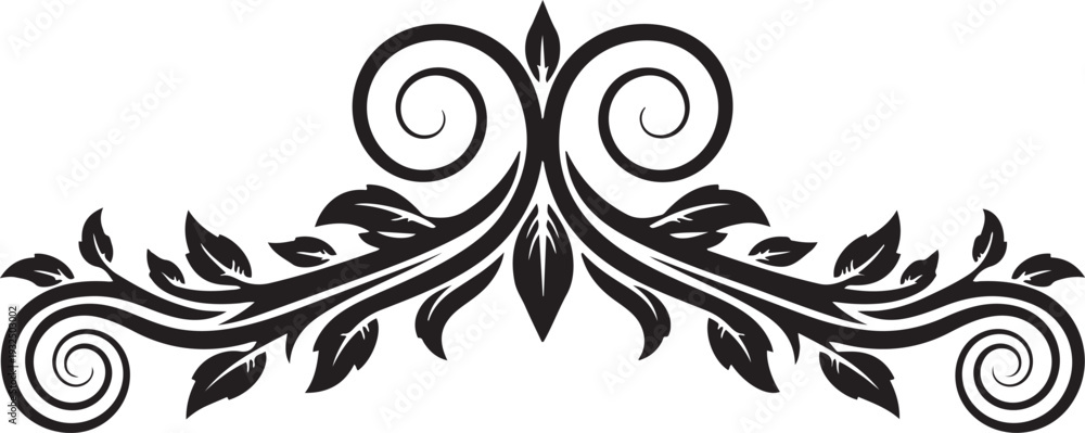 Fototapeta premium Black ornamental floral swirl with leaves on white background