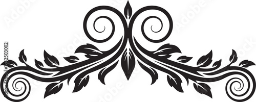 Black ornamental floral swirl with leaves on white background
