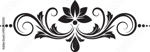 Black ornate floral flourish with swirling vines and a central flower