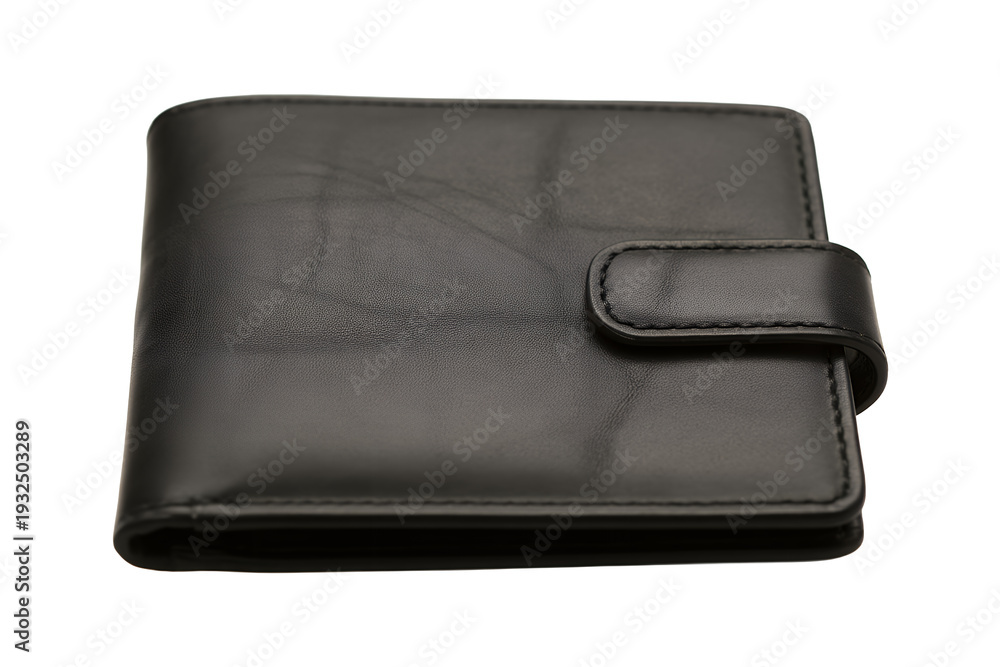 Fototapeta premium Black leather wallet with strap isolated on a transparent background