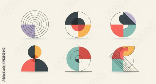 Geometric shapes and colorful circles create abstract modern art compositions.