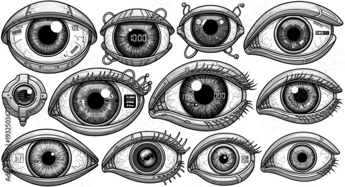 Detailed illustration of various stylized human and robotic eyes, artistic vision.