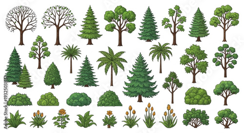 Diverse collection of various trees and bushes, showcasing natural greenery and botanical elements.