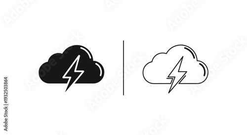 Black and white vector icon set featuring a cloud with a lightning bolt, depicting a thunderstorm or weather forecast symbol, ideal for apps and websites.