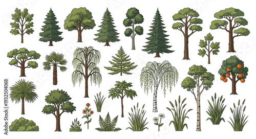 Diverse collection of detailed tree illustrations showcasing various species and styles for design.