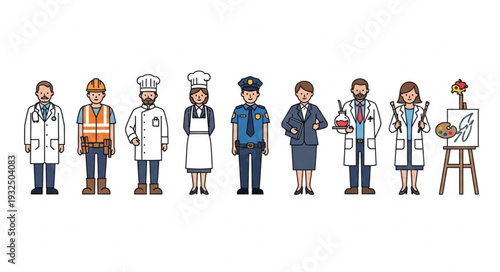 Diverse group of professionals showcasing various occupations and careers in society.