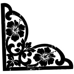 Black floral corner border design with hibiscus flowers and leaves on white background decorative element for graphic design