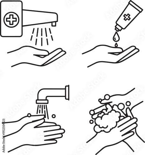 Four step of hand washing and sanitizing with faucet soap and sanitizer hygiene cleanliness medical cross