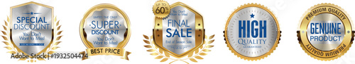 Collection of gold and blue sale and quality badges