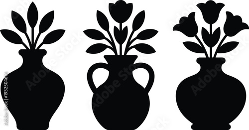 Flower vase silhouette vector set with tulip arrangements, decorative black ceramic pot illustration isolated on white background