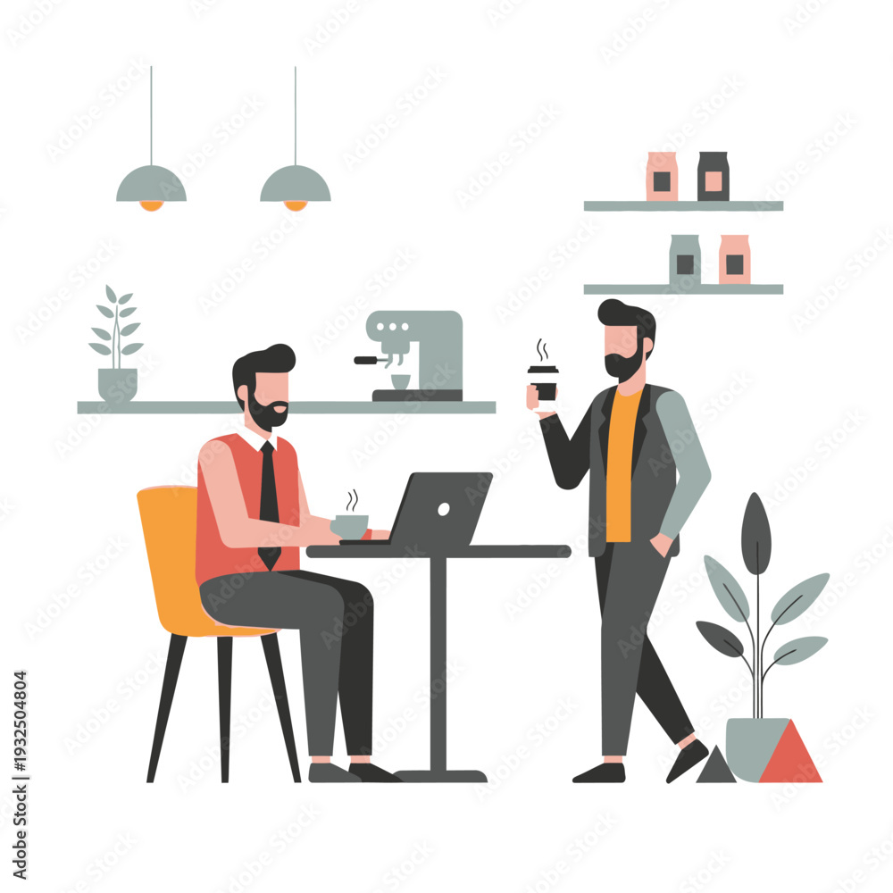 Fototapeta premium Two colleagues working in a modern cafe, one using a laptop, the other holding coffee.