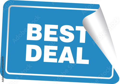 A blue best deal sticker with a curled corner