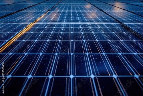 Close-up of blue solar panel array with reflective photovoltaic cells and warm light glints conveying clean, hopeful renewable energy