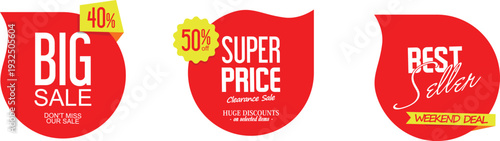 Red sale stickers with white text on white background