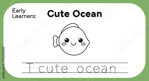 Cute Ocean Fish Coloring Page for Kids: Trace the Words "Cute Ocean"