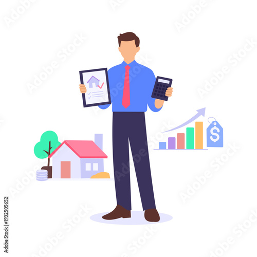 Property Valuation, Assessing accurate worth of real estate asset, Flat vector character illustration