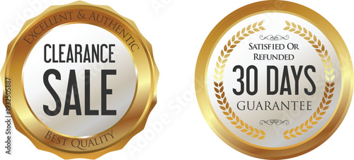 Gold clearance sale and guarantee stickers on white background