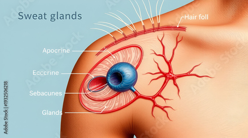 Sweat glands (apocrine, eccrine) and sebaceous gland. Cross section of the Human skin with hair follicle, blood vessels and glands.