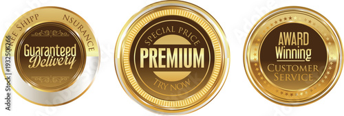 Three gold premium award winning guarantee seals on a white background