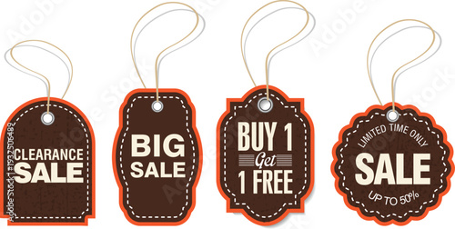 Four brown sale tags on white background