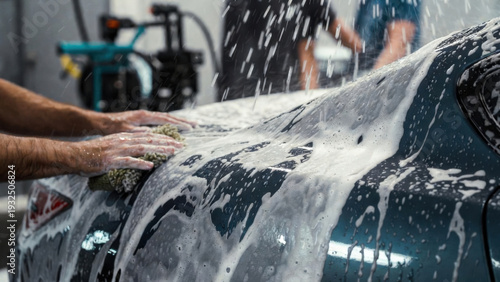 Wallpaper Mural Detailing hands with sponge washing a car covered in rich foam and water droplets Torontodigital.ca