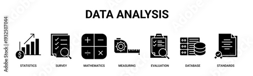 Data Analysis web banner icon vector illustration concept with icons of statistics, survey, mathematics, measurement, evaluation, database systems, and international standards.