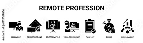 Remote Profession web banner icon vector illustration concept with icons of freelance work, remote working, telecommuting, video communication, task scheduling, time management, and performance.