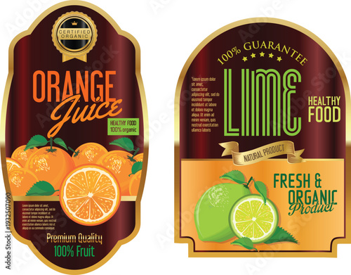 Labels for orange juice and lime health food products