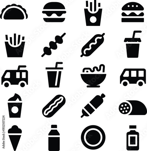 Black fast food icons set including burger fries soda hotdog ice cream food truck vector silhouette collection isolated on white background restaurant takeaway menu