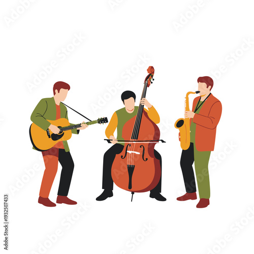 Jazz Trio Playing Music: Guitar, Double Bass, and Saxophone Musicians