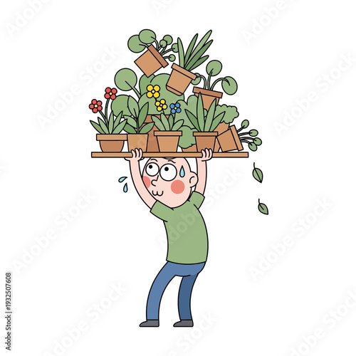 Struggling Man Carrying Heavy Shelf Full of Potted Plants and Flowers
