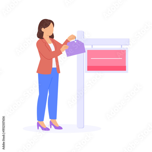 Hanging Sold Tag, Placing sold sign on listed property, Flat vector character illustration