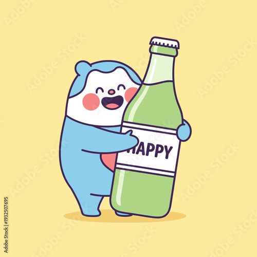 Cute cartoon character hugging a green bottle with "HAPPY" label, isolated on yellow background