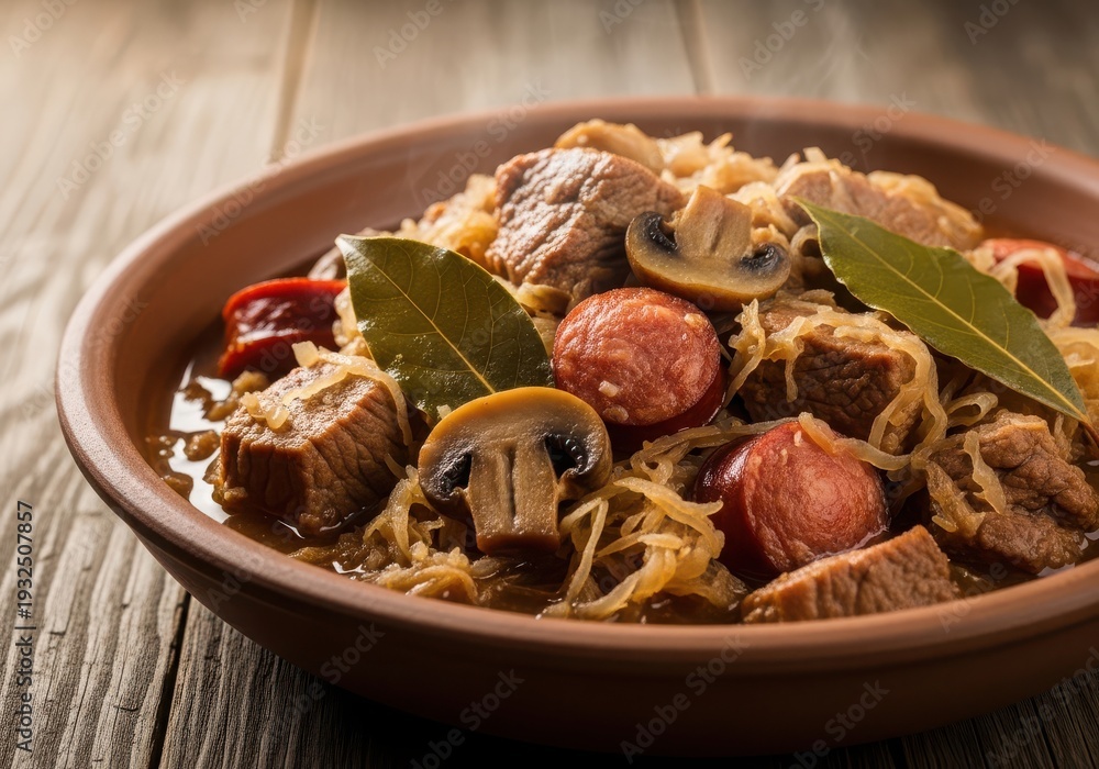Fototapeta premium A hearty dish of meat and vegetable pasta with bay leaves garnish in a rustic bowl.