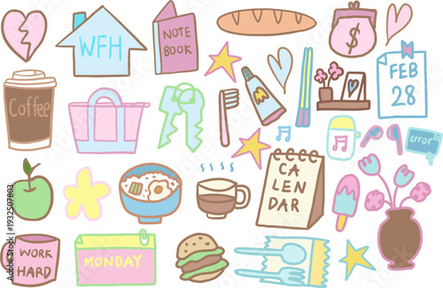 Hand drawn office vector illustrations of notebook, work from home sign, takeaway coffee cup, bread loaf, coin purse, FEB 28 calendar, toothpaste, toothbrush, tote bag, keys, rice bowl with fried egg