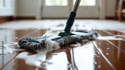 Wallpaper Mural Close-up of a mop cleaning a shiny wooden floor with soap suds and water Torontodigital.ca
