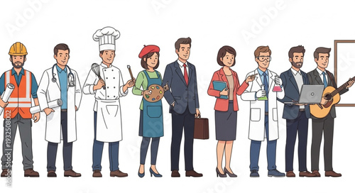 Diverse group of professionals representing various occupations, standing together in unity.