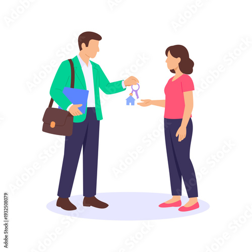 Handing Over Keys, Delivering property keys to new owner, Flat vector character illustration