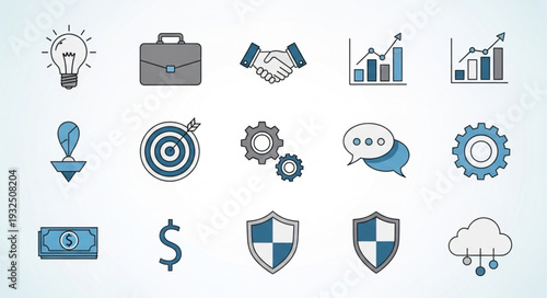 Business and finance icons representing ideas, teamwork, and success in the corporate world.