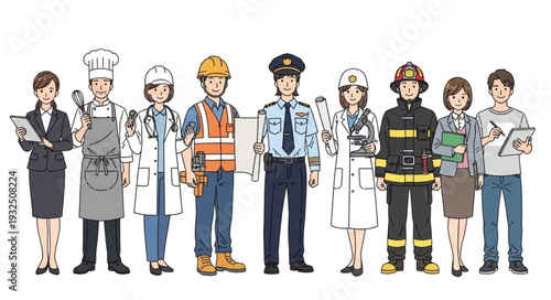 Diverse group of professionals showcasing various occupations and careers in society.