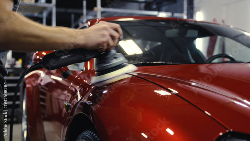 Wallpaper Mural Professional car detailing using a polisher to achieve a mirror-like finish on a red sports car Torontodigital.ca