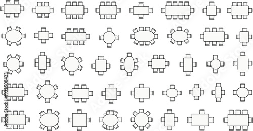 Collection of blue outline conference and meeting tables in various shapes, top view office furniture layout set for boardroom and workspace design use