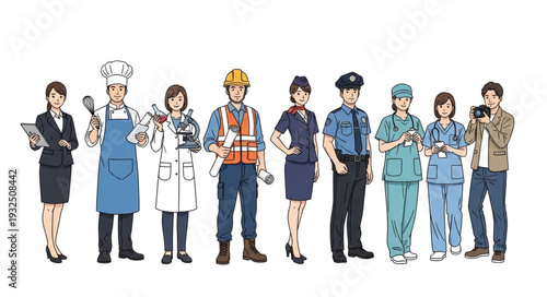 Diverse group of professionals showcasing various occupations and careers in society.