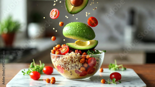 Wallpaper Mural Healthy quinoa bowl with avocado and cherry tomatoes in mid-air Torontodigital.ca